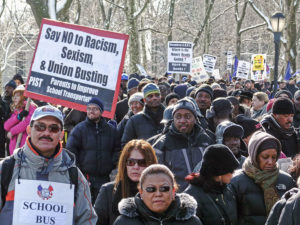 Solidarity with school bus strikers, Feb. 10, NYC.WW photo: Joseph Piette