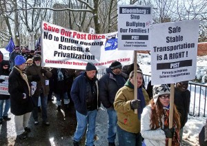  To support striking NYC school bus drivers, CLUPJS members participated in Feb. 10 march over the Brooklyn Bridge.WW photo: Joseph Piette