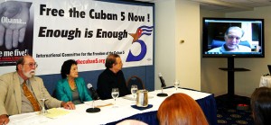 René González speaks via Skype at May 30 press conference in Washington, D.C.WW photo: Berta Joubert-Ceci