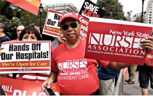 Brooklyn hospital workers from LICH and Interfaith at protest in Manhattan against St. Vincent's Hospital being turned into ultra-high priced condos.WW photo: Anne Pruden