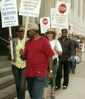 Detroit protest outside bankruptcy court, Aug. 2.WW photo: Kris Hamel