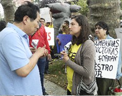 A NICE organizer confronts the boss.WW photo: Anne Pruden