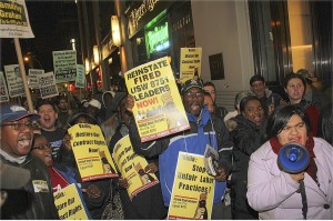 Conference marches to NYC Veolia office to support Boston school bus union.WW photo: Brenda Ryan