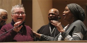 From left, Lynne Stewart, Ralph Poynter with Dolores Cox at Valentine’s Day rally.WW photo: Brenda Ryan