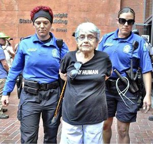 Hedy Epstein, a 90-year-old Holocaust survivor, arrested at a protest in Ferguson, Mo. Epstein was on the boat to Gaza which attempted to break the Israeli blockade in 2011.