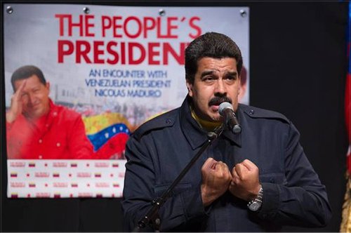 Nicolas Maduro speaking at Hostos Community College in the Bronx.