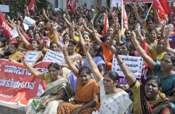 In a show of their strength, members of the All India Trade Union Congress protest in Bangladore, December 2012.