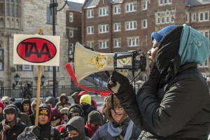 Brandi Grayson of the Young, Gifted and Black Coalition, speaking to hundreds of protesters at the state Capitol in Madison, Feb. 14.Photo: Joe Brusky