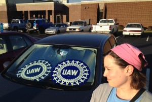 At the VW Chattanooga plant, Lauren Feinauer shows her support of the UAW.