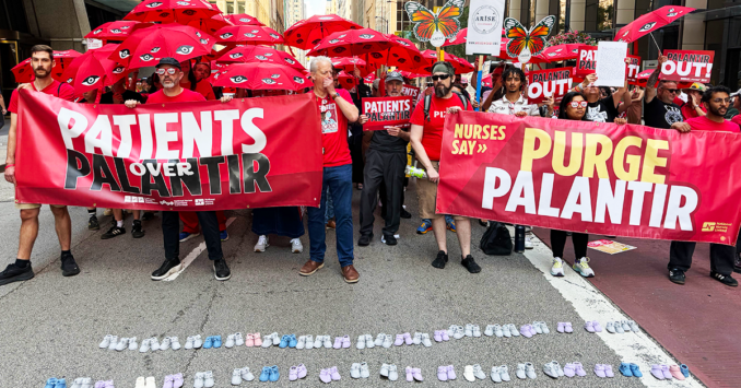 Nurses hold nationwide civil disobedience actions to demand ‘Palantir Out!’