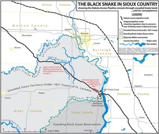 Map of unceded Native lands under the 1851 Treaty of Fort Laramie. The Dakota Access Pipeline cuts through these stolen Native lands.
