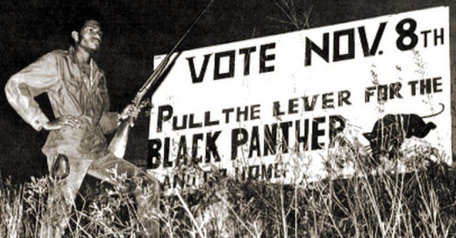 Election night in 1966 as armed self-defense guards protect Black voters for the Lowndes Co., Alabama, Freedom Democratic Party. The Black Panther was its ballot symbol.