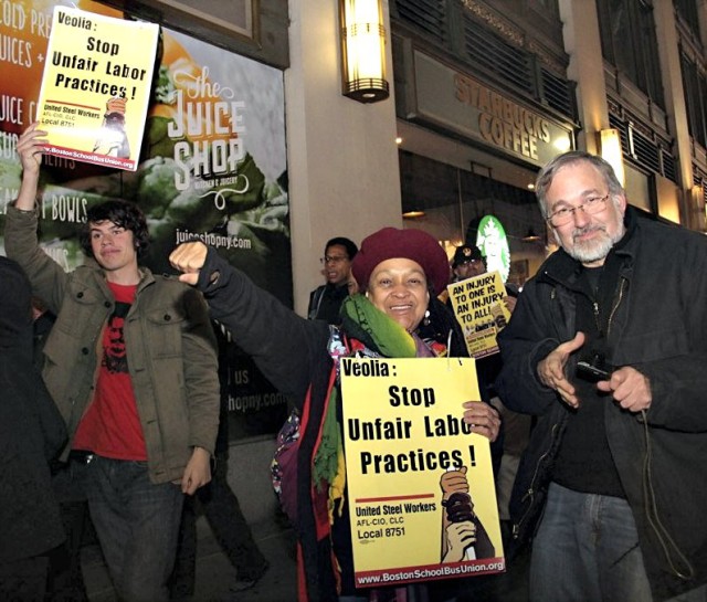 Pam Africa with Steve Kirschbaum, one of leaders of the Boston school bus drivers union fired by Veolia.