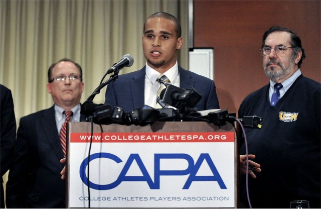 Northwestern quarterback Kain Colter announces that Northwestern football players are forming the first labor union for college athletes on January 28, 2014. 