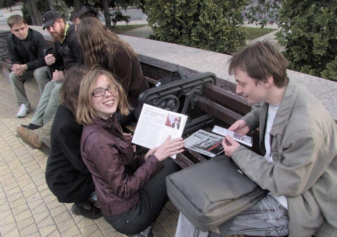 Young activists at a 'weekly Marxist gathering' organized by the Communist Union of Donbass in Donetsk.