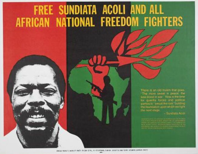 Poster has an unprinted white border overall. The background of the poster has three equally sized vertical bands; red at left, black at center, and green at right. The top edge of the poster is overlaid with text in yellow: "Free Sundiata Acoli And All / African National Freedom Fighters". The lower left corner has a stylized photographic image of Sundiata Acoli, smiling. The center of the poster has a stylized drawing of the African continent in green overlaid with a silhouetted figure holding several rifles in black, and a hand holding a torch in red. The lower right corner has text in yellow: "There is an old truism that goes, / 'The more sweat in peace, the / less blood in war.' Now is the time / for guerilla forces and political / parties to 'sweat like rain' building / the foundation upon which we fight the next stage. / -Sundiata Acoli / Sundiata Acoli Is Serving 30 Years Plus Life In Tren- / Ton State Prison In New Jersey On U.S. Government / Frame-Up Charges Following A May 2, 1973 Ambush By / New jersey State Troopers Which Resulted In The / Wounding And Arrest Of Assata Shakur And The Mur- / Der Of Their Companion Zayd Shakur".