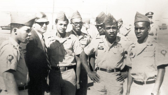 From left, Pfc. Ernest Bess, attorney Michael Kennedy, Pfc. Guy Smith, Sp/4 Albert Henry, Pvt. Ernest Frederick, Sgt. Robert Rucker, Sp/4 Tollie Royal. October 1968 at Fort Hood, Texas.Photo: American Servicement's Union