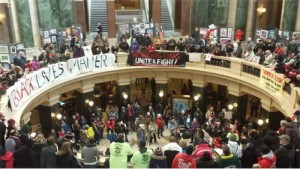 Protesters inside the Wisconsin State Capitol on Feb. 28.Photo: Ben Herrenbruck