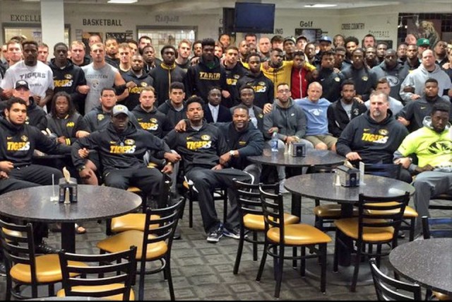 The unified University of Missouri football team on strike against racism, Nov. 6, 2015.Photo: Gary Pinkel
