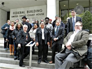 Mumia Abu-Jamal supporters outside March 30 court hearing on state’s attempt to stop prisoners from speaking out — aimed at the Black political prisoner.WW photo: Joseph Piette