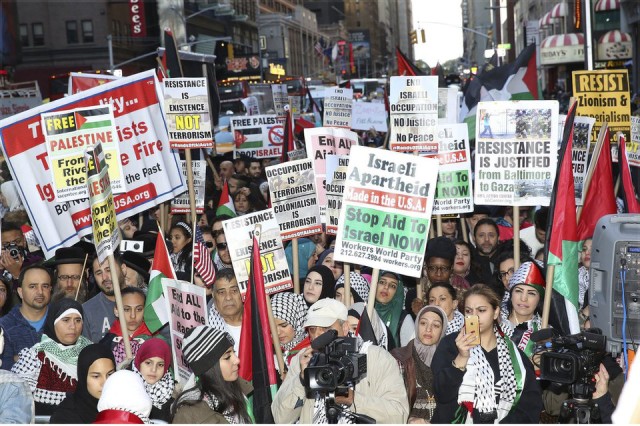 An estimated 2,000 Palestinians and their supporters rallied in New York’s Times Square Oct. 18 on three days notice and then marched passed by a small Zionist gathering.Photo: NY4Palestine