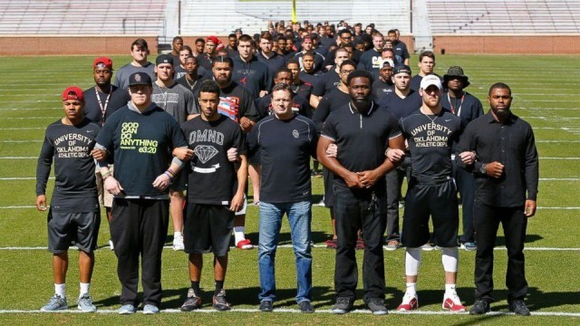 Oklahoma University football team protests racist fraternity last spring. 