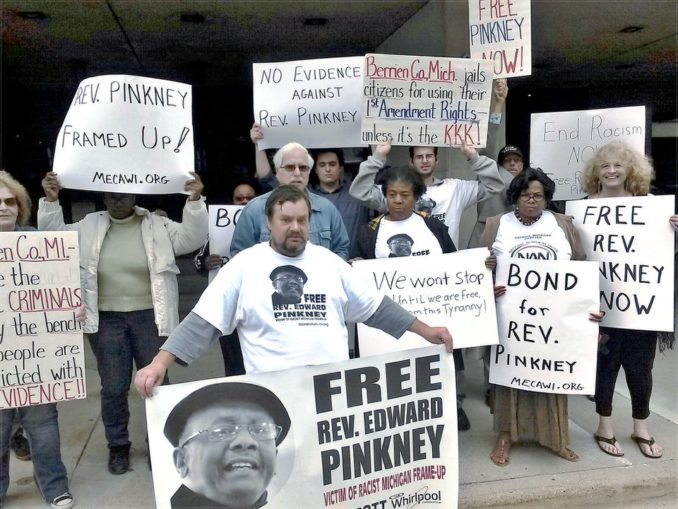 Supporters of Rev. Edward Pinkney demonstrate in Grand Rapids, Mich., demanding he be released on bond.