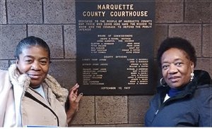 Marcina Cole and Dorothy Pinkney at Marquette City Hall during a break while visiting political prisoner Rev. Edward Pinkney.WW photo: David Sole