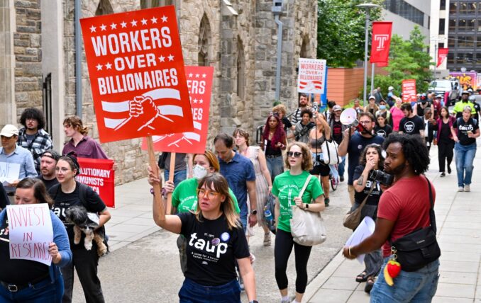 Temple U.: Labor coalition protests higher tuition, staffing cuts