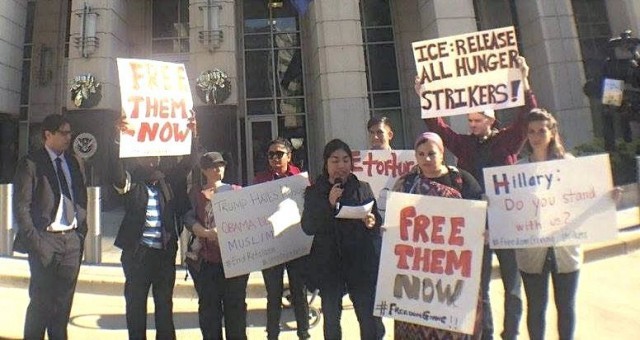 A Dec. 10 solidarity protest in front of U.S. Immigration and Customs Enforcement (ICE) headquarters in Washington, DC, demands the release of all hungerstriking detained immigrants.Photo:  Yashi Mori