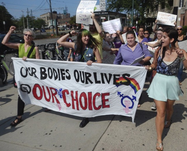Women’s Fightback Network activists joined a pro-choice march to Planned Parenthood in Boston, July 2014.