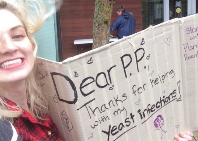 Anti-choice bigots picketing a Planned Parenthood clinic and harassing patients Oct. 25 in Portland, Ore., were stopped cold when Mary Numair, a PP supporter, came outside with her sign thanking PP and chanted loudly, “Yeast infections! Yeast infections!” one of many health problems treated by PP.